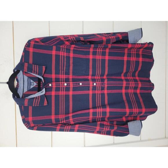 Tommy Hilfiger XL red & blue plaid 1/2 button down flannel shirt - Picture 2 of 5